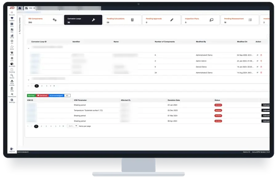 AccurAPM screens cycling on a monitor: risk-based inspection, integrity operating windows, inspection data management, the RBI report, AI root cause analysis, Asset 360, the asset map and the 3D plant model.
