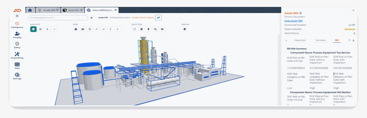 AccurAPM Accur3D: a 3D plant model with Asset-001 selected in place, and a side panel showing its functional location, asset criticality and RBI risk summary — integrity data opened from the model rather than from a tag list.