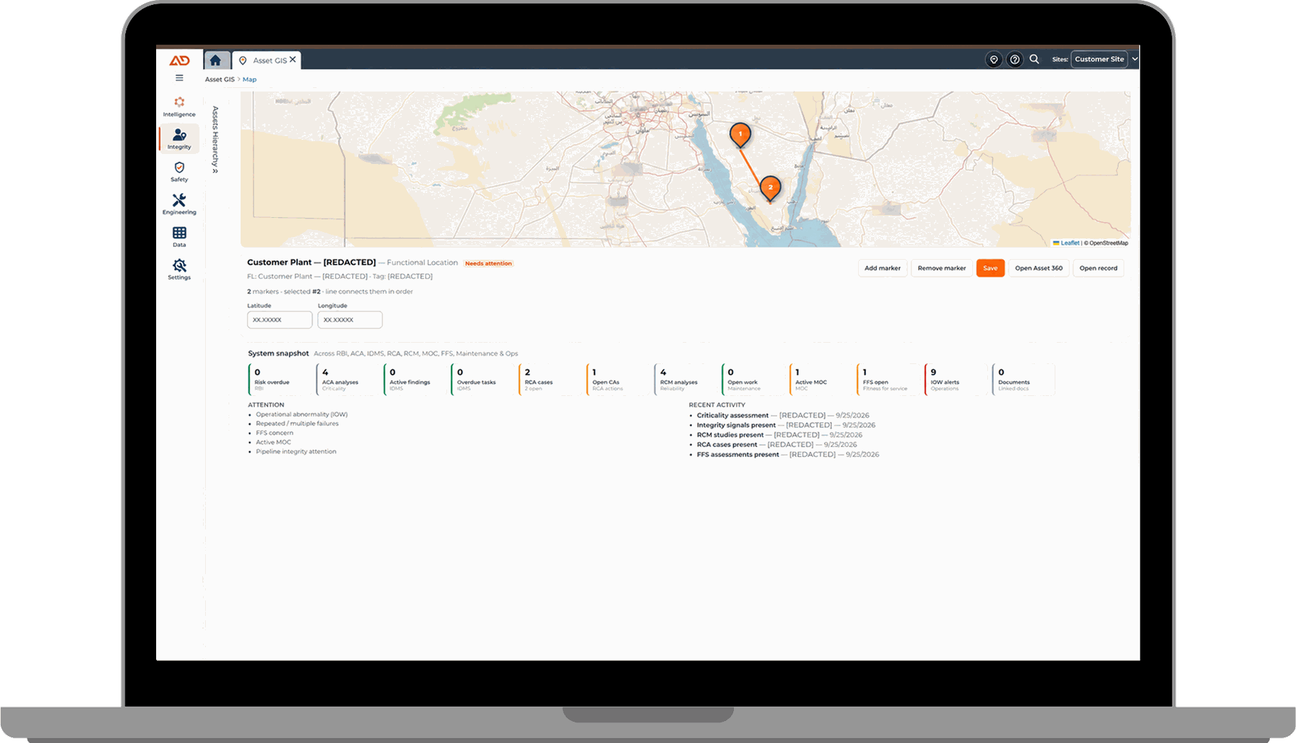 The Asset GIS map open on a customer plant, with two numbered markers placed on the site and a line connecting them, latitude and longitude fields below, and a system snapshot row counting risk, criticality, findings, RCA cases, RCM analyses, MOC, FFS and IOW alerts.