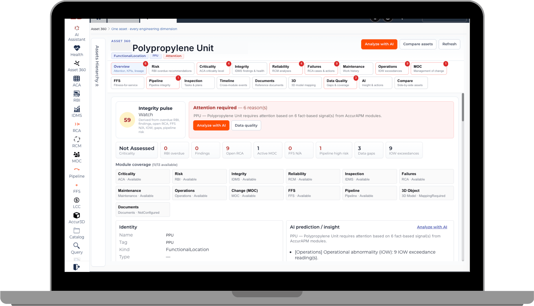 The Asset 360 record for a single asset in AccurAPM, showing an integrity pulse score, an attention panel listing the signals that raised it, module coverage across the suite, and cross-module tabs for risk, criticality, integrity, reliability, failures, FFS and pipeline.