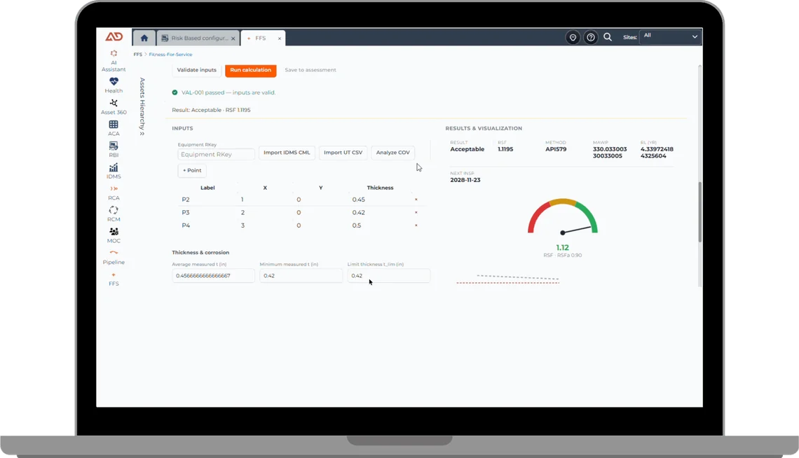 An AccurAPM Fitness-For-Service assessment on a laptop: thickness readings entered as points, inputs validated, and a result of Acceptable with an RSF of 1.1195 by API 579, alongside the recalculated MAWP and the next inspection date.