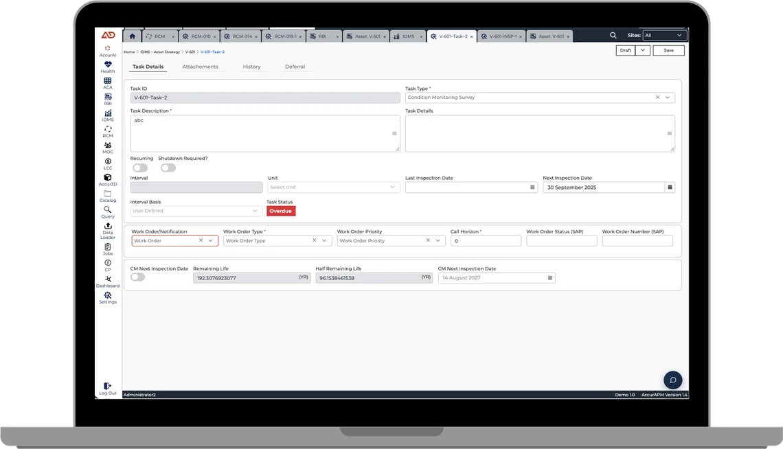 An AccurAPM IDMS inspection task on a laptop, showing task type, description, interval, inspection dates, an overdue status and the linked SAP work order fields alongside calculated remaining life.