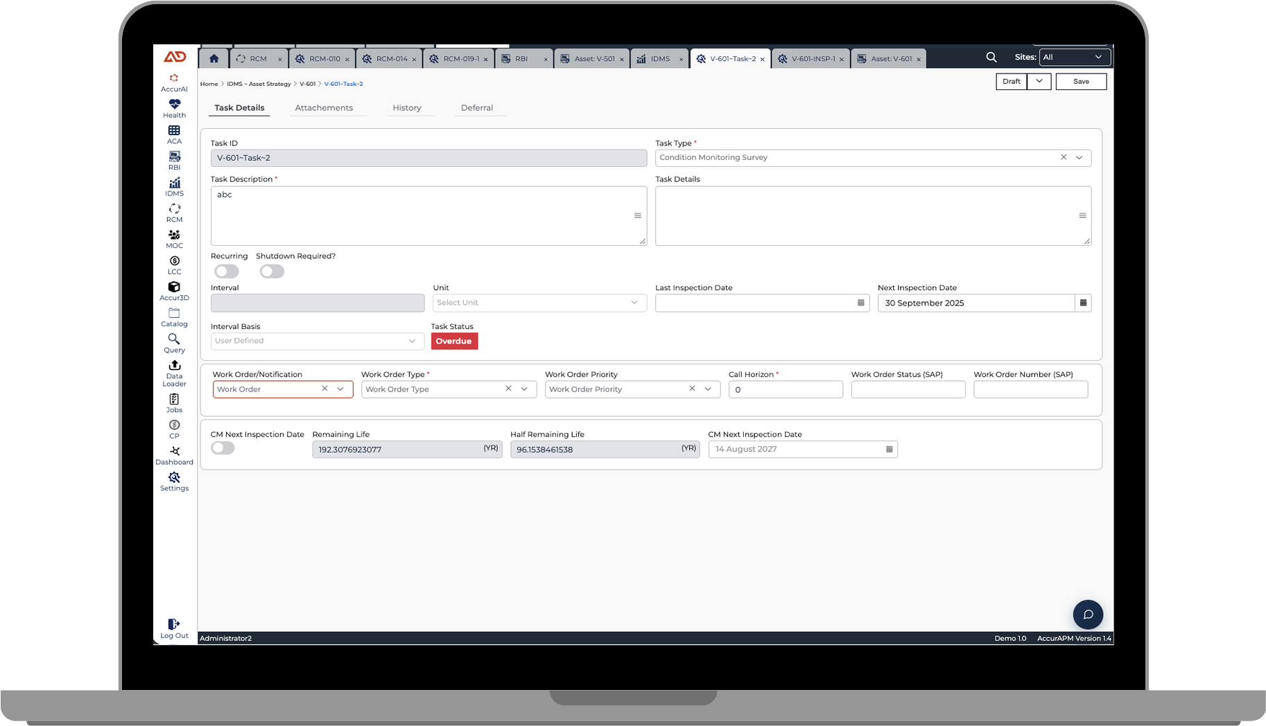 An AccurAPM IDMS inspection task on a laptop, showing task type, description, interval, inspection dates, an overdue status and the linked SAP work order fields alongside calculated remaining life.