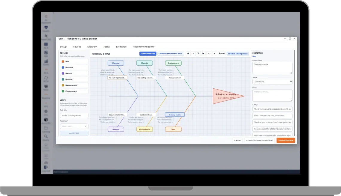 The Fishbone and 5 Whys builder after Generate with AI: causes for a leak on an insulated process line set out under Man, Machine, Method, Material, Measurement and Environment, with the 5 Whys chain for the selected cause beside the diagram.
