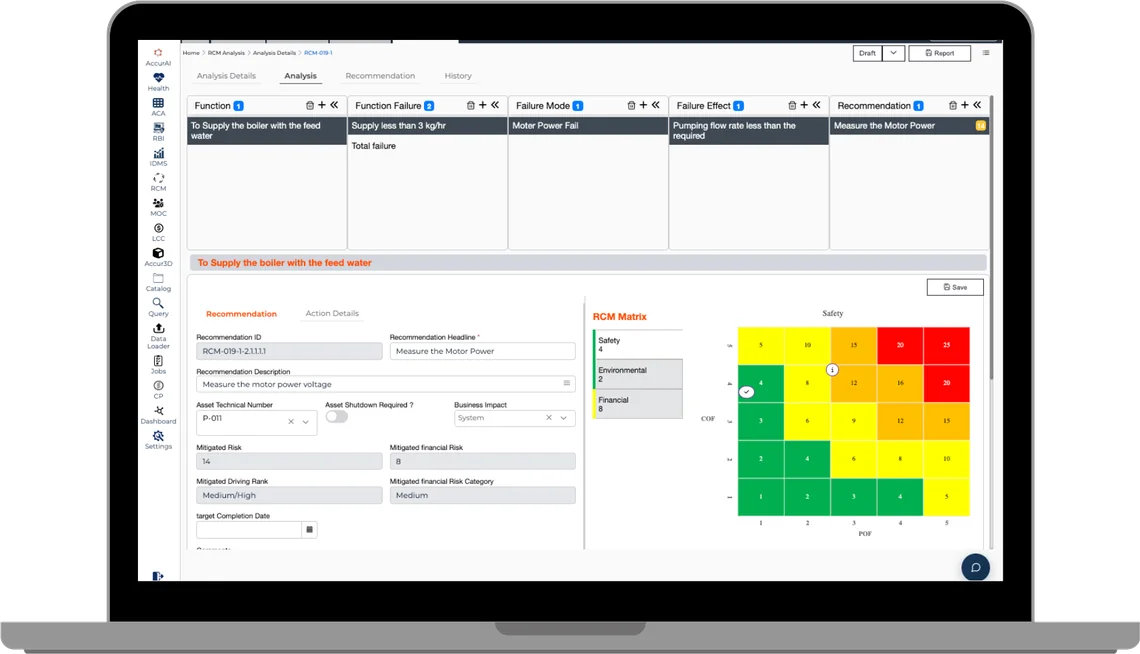 An AccurAPM RCM analysis on a laptop: function, functional failure, failure mode and failure effect as linked columns, with the recommendation scored on a five-by-five risk matrix.