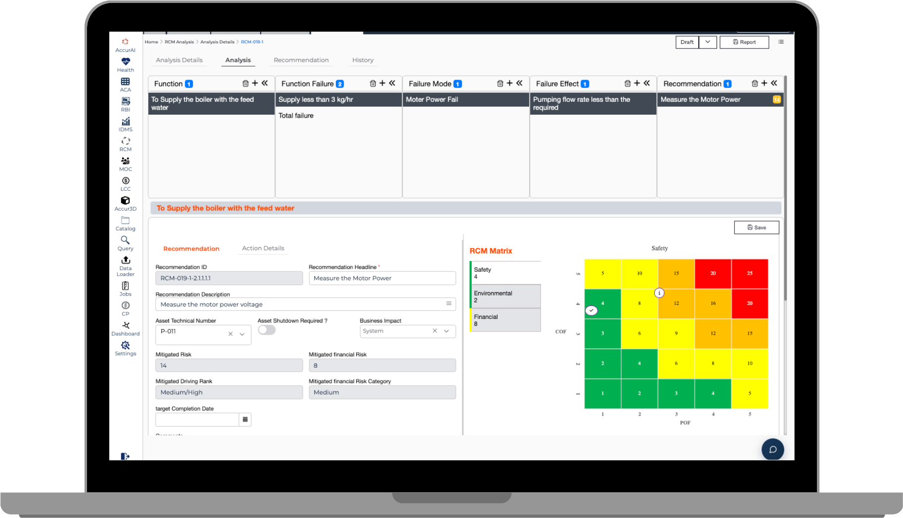 An AccurAPM RCM analysis on a laptop: function, functional failure, failure mode and failure effect as linked columns, with the recommendation scored on a five-by-five risk matrix.